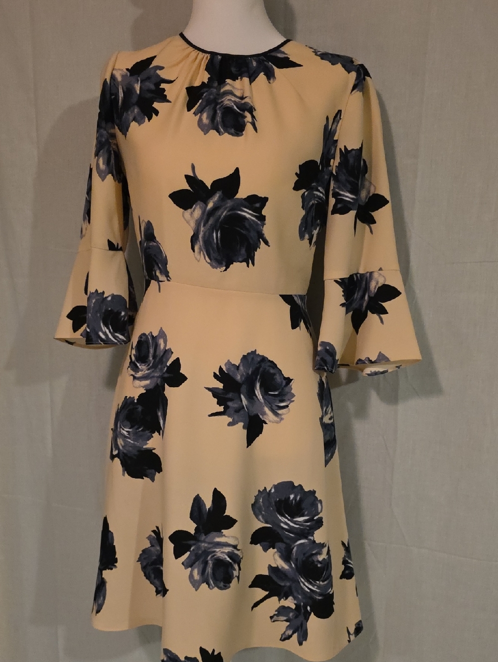 kate spade Cream Dress with Navy Floral Print and Bell Sleeves